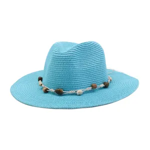 Western Style Unisex Summer Sun Protection Straw Hat Flat Brim Fedora Beach Vacation Beaded Woven Hat
