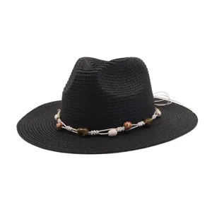 Black straw fedora hat with beaded rope trim, summer sun protection beach hat for men and women.