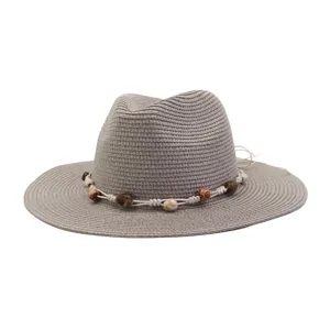 Detail view of a stylish gray straw fedora hat featuring a woven rope and beaded band, perfect for summer.