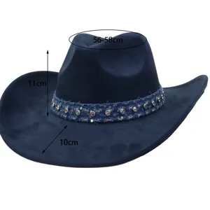 Detail view of dark blue suede cowboy hat with rhinestone denim band, 56-58cm head size.