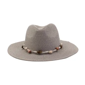 Grey straw fedora sun hat with decorative bead rope band, stylish flat brim design detail.