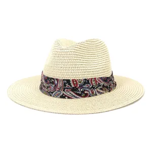 Summer straw fedora hat for men and women, stylish paisley band sun protection beach cap.