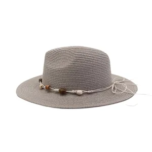 Classic grey straw fedora sun hat with beaded rope band for summer outdoor style.