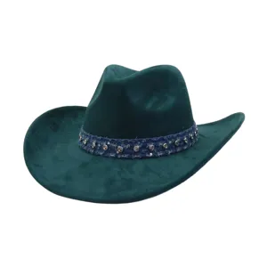 Dark green suede cowboy hat with rhinestone denim band, vintage rolled brim outdoor riding hat.