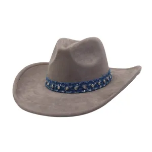 Grey suede cowboy hat detail showing textured denim and rhinestone studded decorative band.