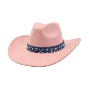 Pink suede cowboy hat with rhinestone denim band retro outdoor fedora hat detail view