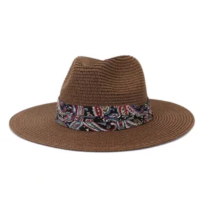 Summer outdoor travel sun hat, stylish casual straw fedora with colorful paisley ribbon.