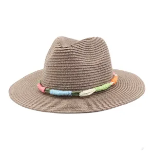 Summer straw fedora sun hat with colorful woven band, wide brim outdoor beach hat for unisex.