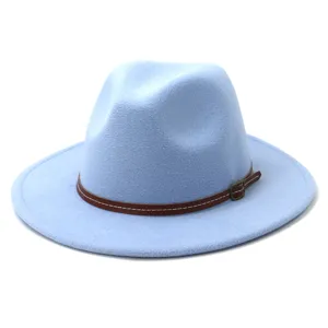 Light blue wool fedora hat detail featuring brown leather belt and metal buckle, stylish accessory.