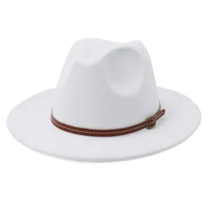 Detail view of white wool fedora hat with brown leather belt and metallic buckle closeup.