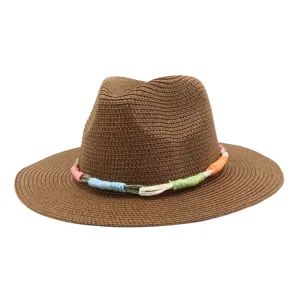 Brown woven fedora straw hat with colorful decorative rope wrap wide brim summer sun hat detail