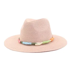 Pink straw fedora sun hat with colorful woven rope band for summer outdoor fashion women men
