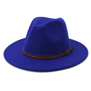 Blue wool felt fedora hat detail, elegant wide flat brim with brown leather belt and buckle.