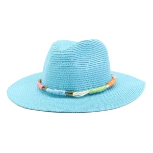 Light blue straw sun hat for women and men, wide brim fedora hat with colorful woven band.