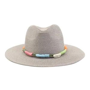 Grey straw fedora hat detail featuring colorful braided rope band for summer sun protection.