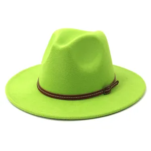 Close-up detail of the vibrant green fedora hat showing its smooth wool texture and brown belt.