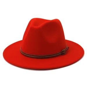 Red wool felt fedora hat with brown belt buckle detail, wide flat brim winter fashion cap.