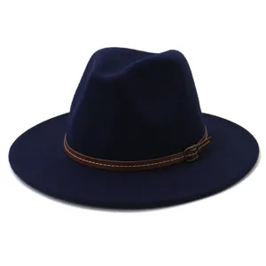 Detailed view of the dark blue felt fedora hat featuring a brown leather belt buckle accent.