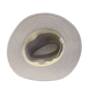 Detail view of the wide brim grey straw fedora hat, showing interior sweatband and label.