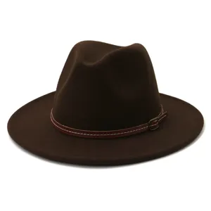 Classic dark brown felt fedora hat with a stylish leather belt strap and metal buckle detail.