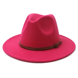 Pink wool fedora hat with brown leather belt and buckle, stylish jazz hat for daily wear.