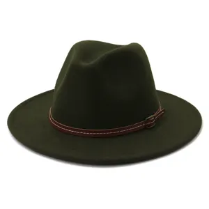 Dark green wool felt fedora hat with brown leather belt and buckle detail, fine texture.