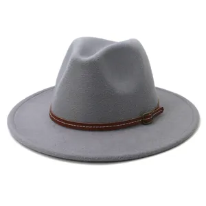 Close-up view showing the grey felt fedora hat brim and brown leather belt details.