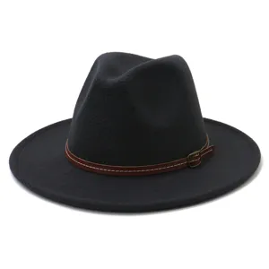 Detail view of a classic black wool fedora hat featuring a stylish brown leather strap.