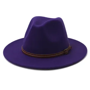 Classic purple wool fedora hat with brown leather belt and buckle for men and women stylish.