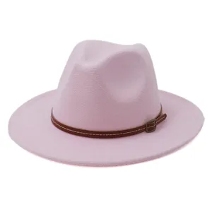 Pink fedora hat for women men wool felt jazz cap with brown leather belt buckle fashion detail