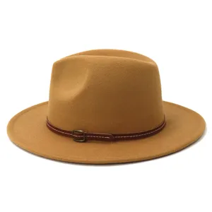 Classic camel fedora hat with a stylish brown belt buckle, perfect for men and women daily wear.