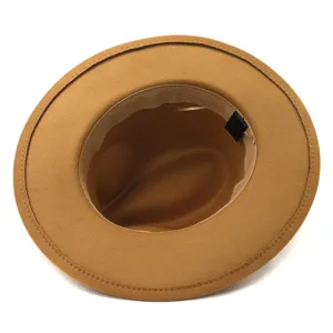 Classic camel wool felt fedora hat with wide brim, unisex casual fashion style accessory.