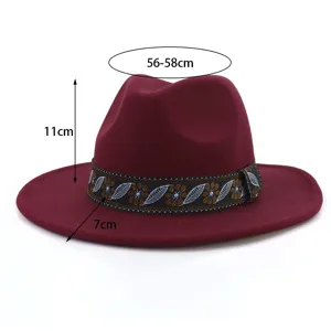 Ethnic style wool fedora hat with patterned band, wide brim jazz hat for women and men.