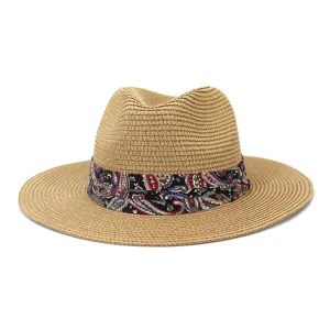 Close-up detail of the colorful paisley ribbon band on a summer straw hat, stylish sun protection.