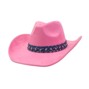 Pink suede cowboy hat with rhinestone denim band for outdoor fashion retro style details