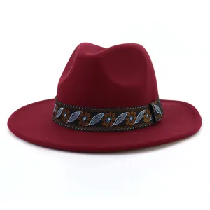 Burgundy wool fedora hat with ethnic floral woven band wide brim jazz hat for women men.