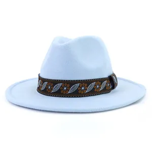 Light blue wool fedora hat with ethnic pattern band, wide brim jazz hat detail view.