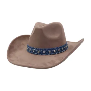 Soft suede cowboy hat with sparkling rhinestone denim band vintage outdoor fedora hat unisex