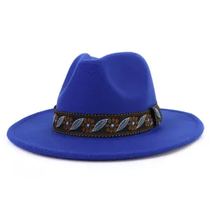 Detailed view of the royal blue felt fedora hat featuring an ethnic embroidered band.