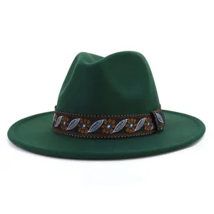 Green wool fedora hat for men women wide brim jazz hat with ethnic style woven hat band.