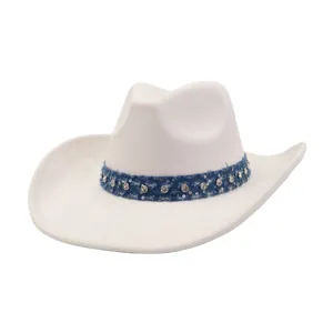 White suede cowboy hat featuring a rhinestone denim band, retro rolled brim for outdoor wear.