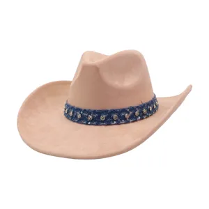 Detailed view of khaki suede cowboy hat featuring a stylish blue denim rhinestone hatband.