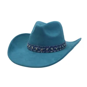 Blue suede western cowboy hat detail showing rhinestone denim band and curved brim texture