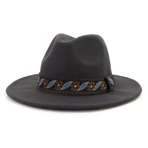 Dark grey wool fedora hat detail, vintage ethnic woven band, wide brim jazz cap for men women.