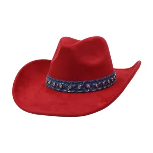Red faux suede cowboy hat with rhinestone denim band, vintage retro western hat for men and women.