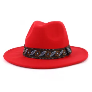 Red wool fedora hat with ethnic style band, wide flat brim winter jazz hat for women men