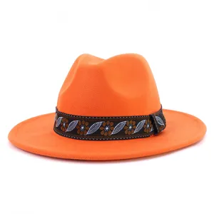 Orange wool fedora hat with ethnic style embroidered band, detailed view of flat brim jazz hat.