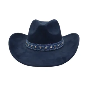 Dark blue suede cowboy hat detail, featuring a rhinestone studded denim band for outdoor style.