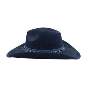 Retro dark blue suede cowboy hat with denim rhinestone band, stylish rolled brim fedora.