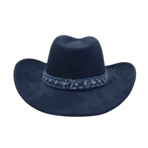 Dark blue suede cowboy hat detail, rhinestone denim band, retro rolled brim accessory.